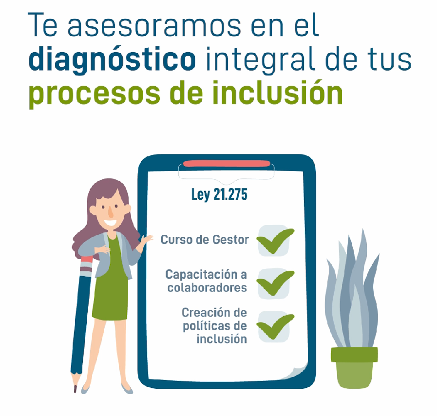 Imagen con una ilustración de una mujer junto a un archivador, en cual tiene una checklist de servicios. Curso de gestor, Capacitación a colaboradores, Creación de políticas de inclusión