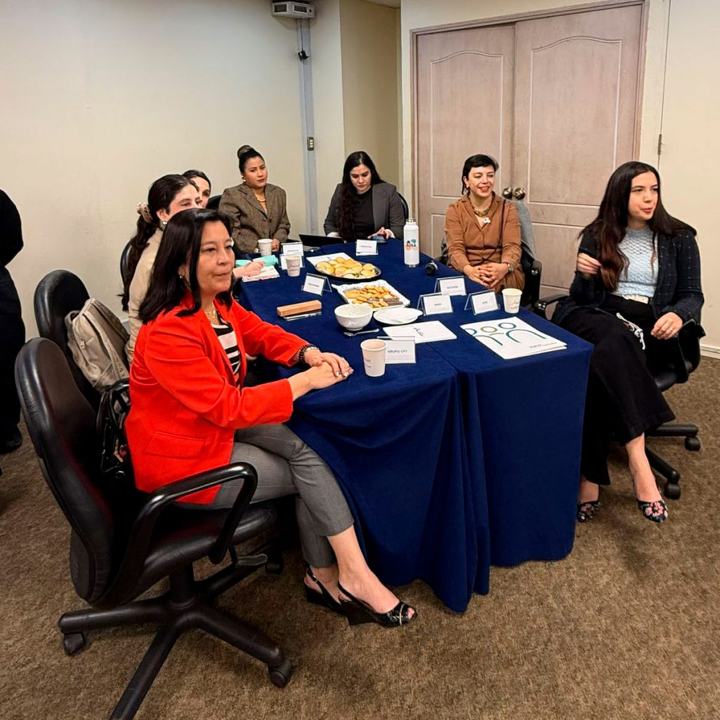 Mesa de trabajo durante encuentro sobre cultura inclusiva, con seis personas sentadas alrededor de una mesa azul en una sala de reuniones. Una mujer con chaqueta roja mira a la cámara, mientras el resto participa de la jornada.