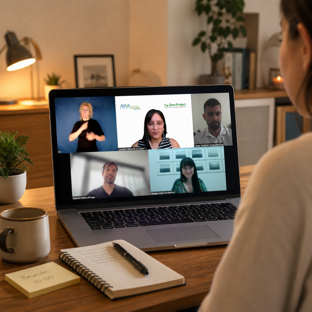 Persona participa en una masterclass online sobre financiamiento sostenible e inclusión, observando una videollamada grupal con expositores y una intérprete en lengua de señas desde un computador portátil.
